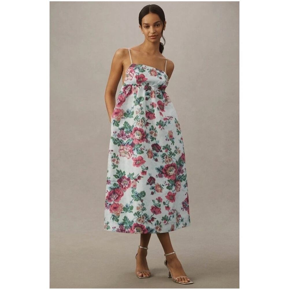 BHLDN White Floral Spaghetti-Strap Midi Dress with Pink & Green Blooms